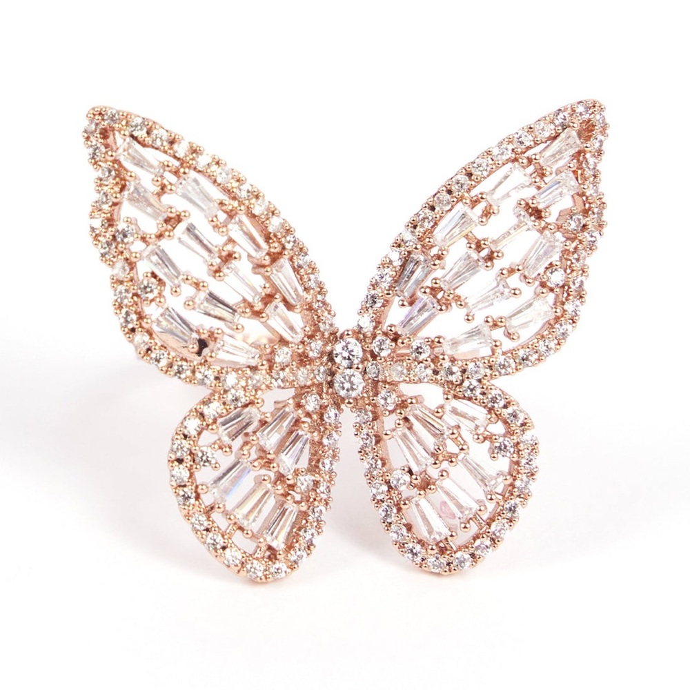 The Rose Gold Butterfly Ring is crafted with dazzling cubic zirconia crystals